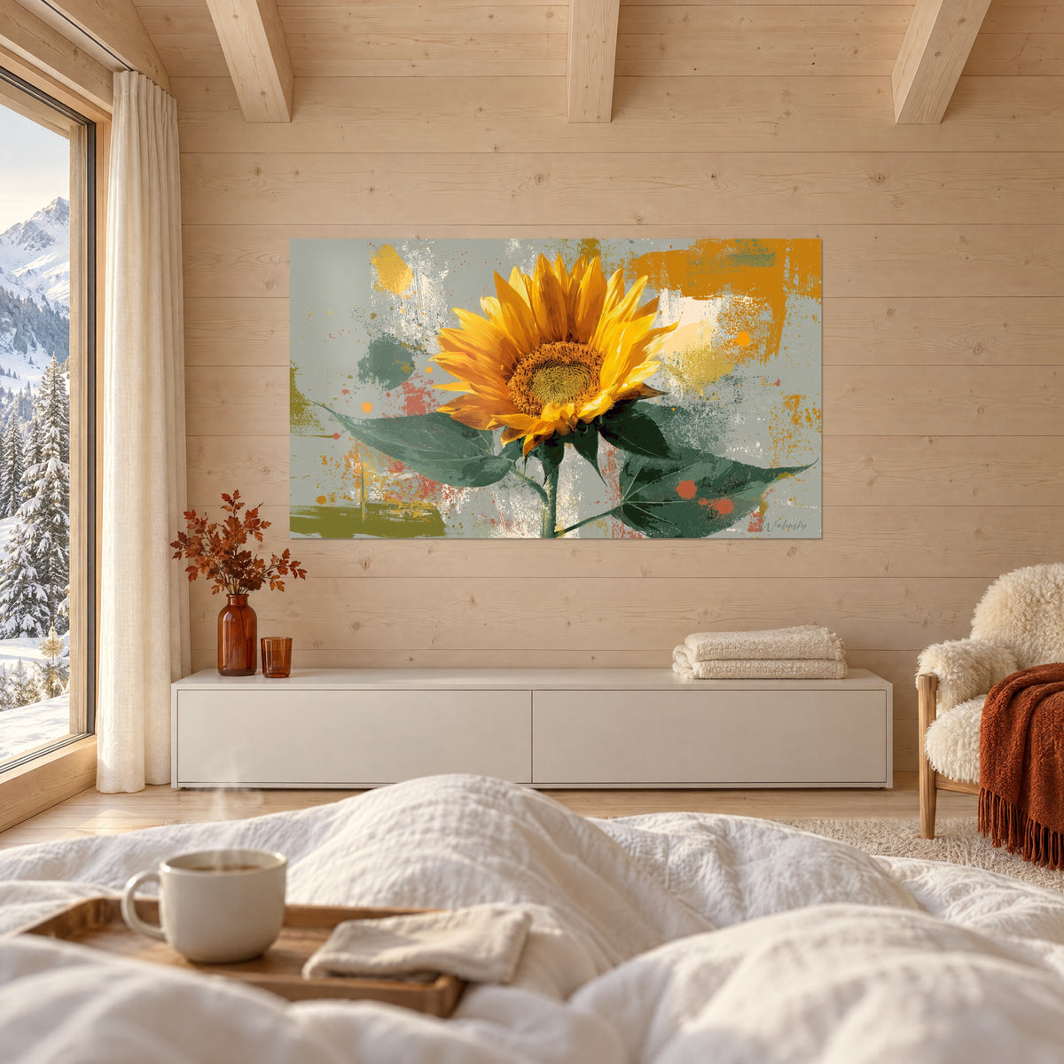 Wall art saffron sunflower bloom with broad deep-green leaves, above a bed in a light bedroom