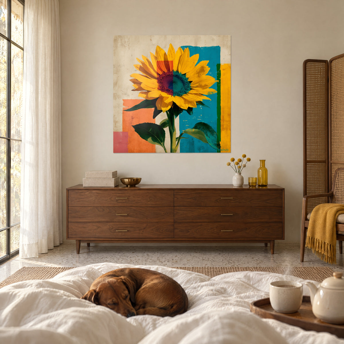 Tableau corolle de tournesol ambrée sur rectangles bleu pétrole et corail, face à un dachshund endormi, au-dessus d'un lit dans une chambre claire