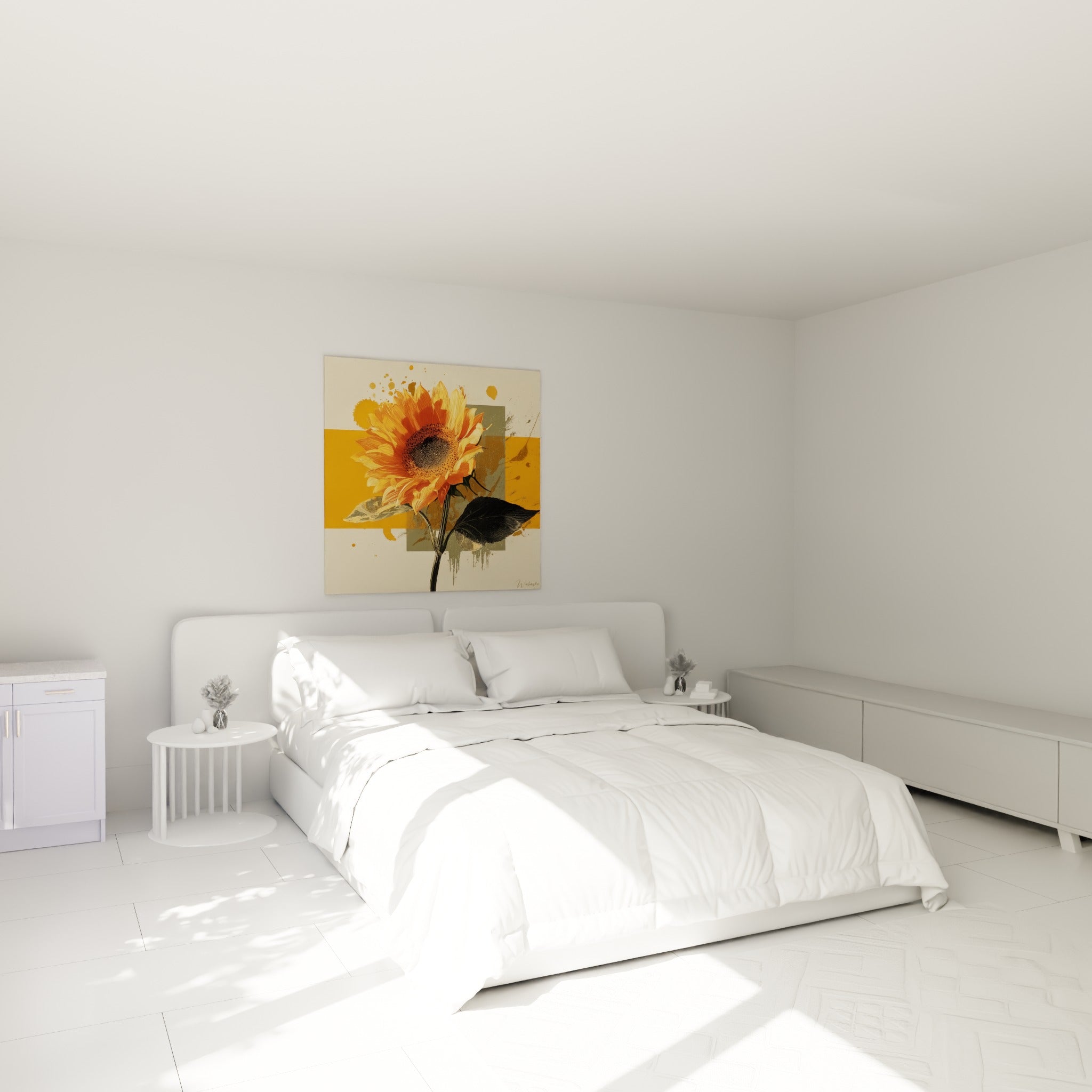 Fleur de tournesol dorée et brune illuminant le mur au-dessus d'un lit dans une chambre claire
