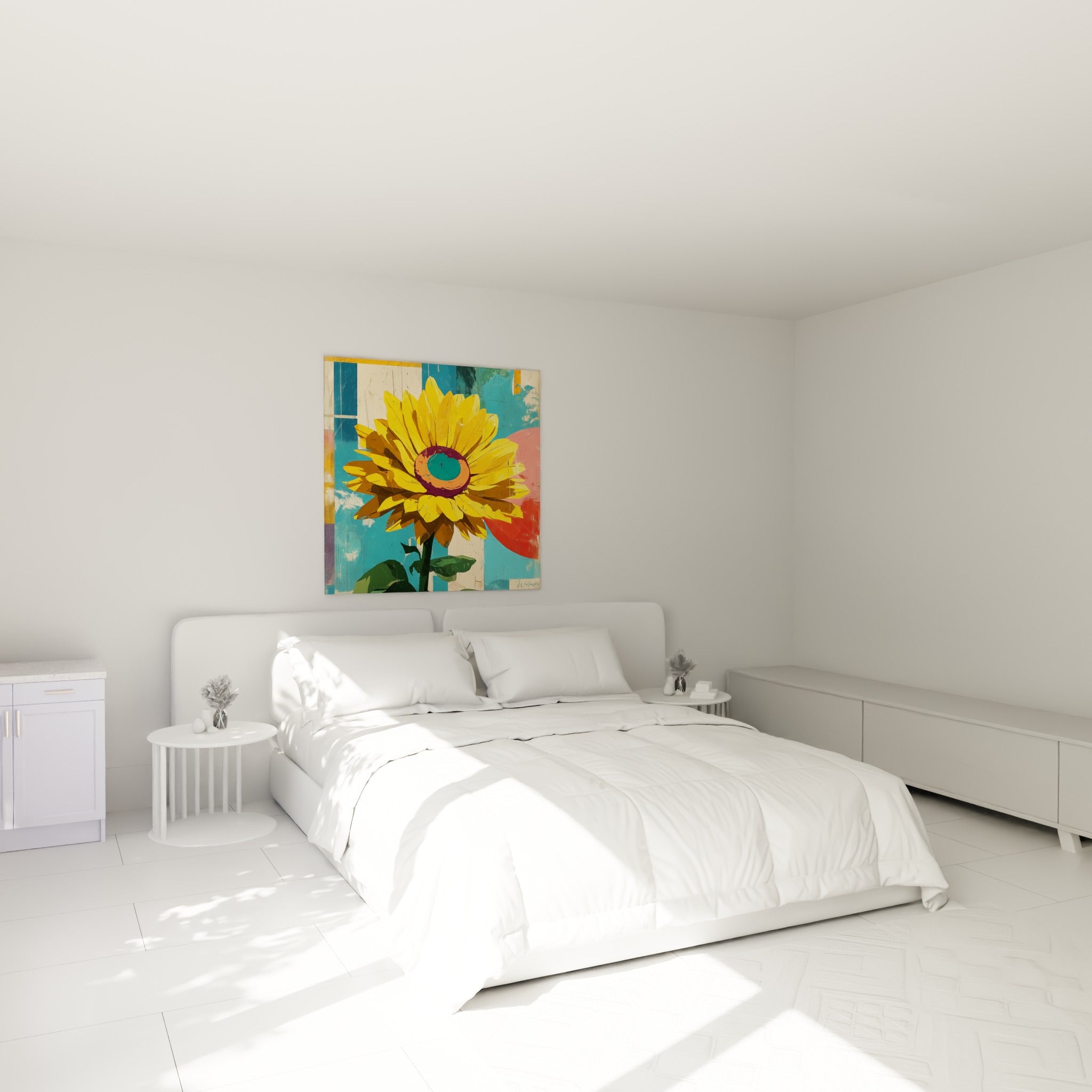 Pétales jaunes et cœur turquoise du tournesol accrochés au-dessus d'un lit dans une chambre claire