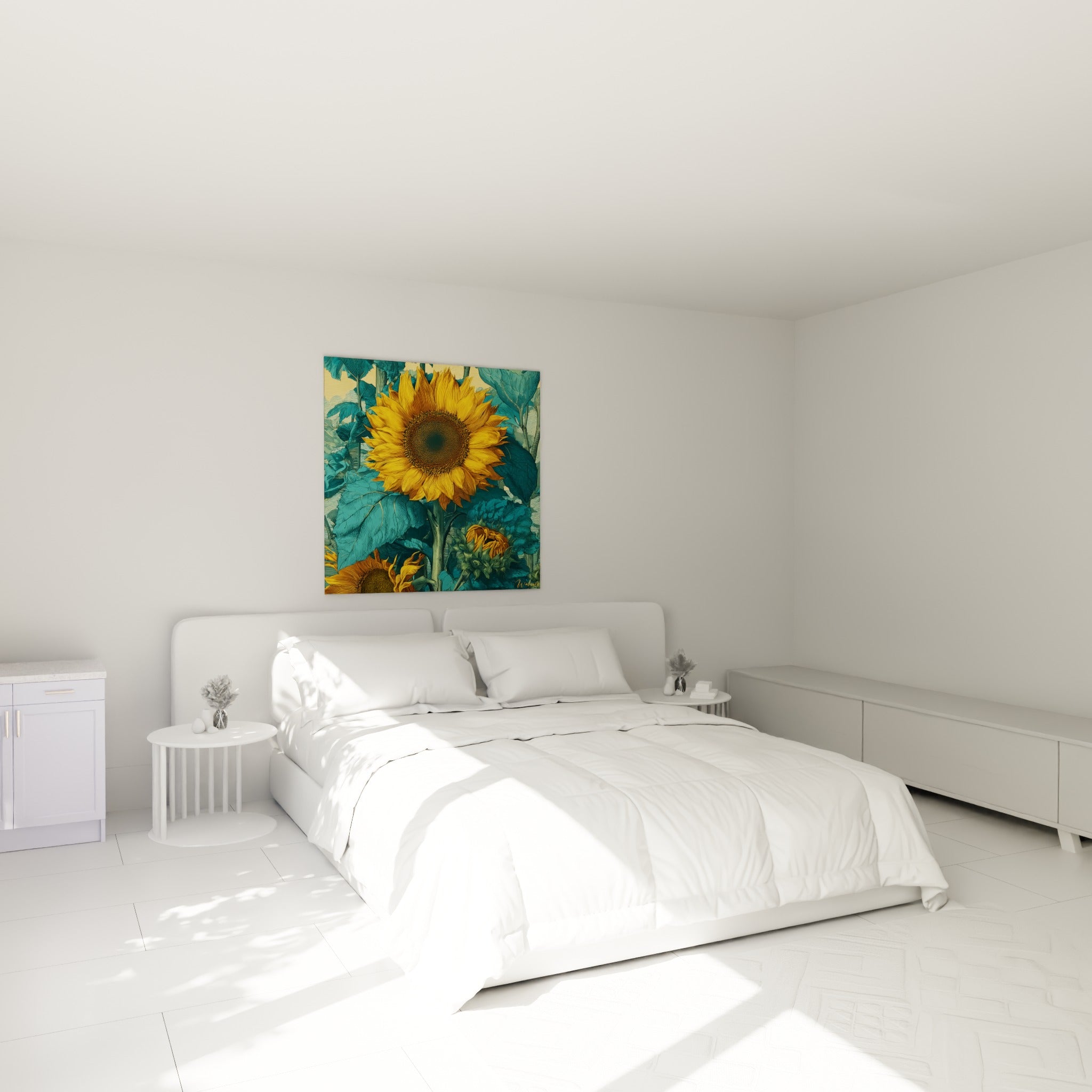 Grande fleur dorée et feuillage turquoise accrochés au-dessus d'un lit dans une chambre claire