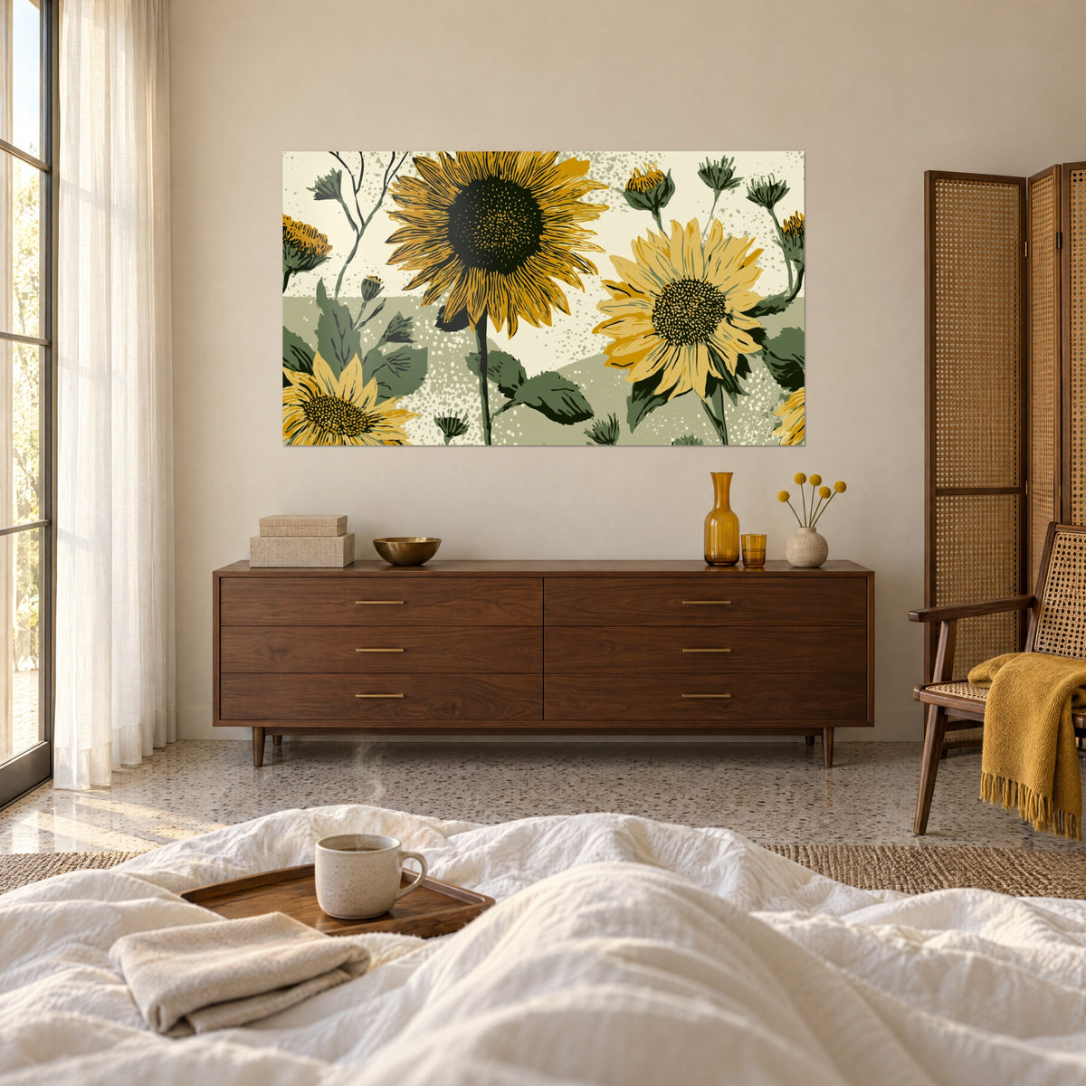 Schilderij met een boeket geïllustreerde zonnen, saffraan- en olijfgroene bloemblaadjes op crème, boven een bed in een lichte slaapkamer