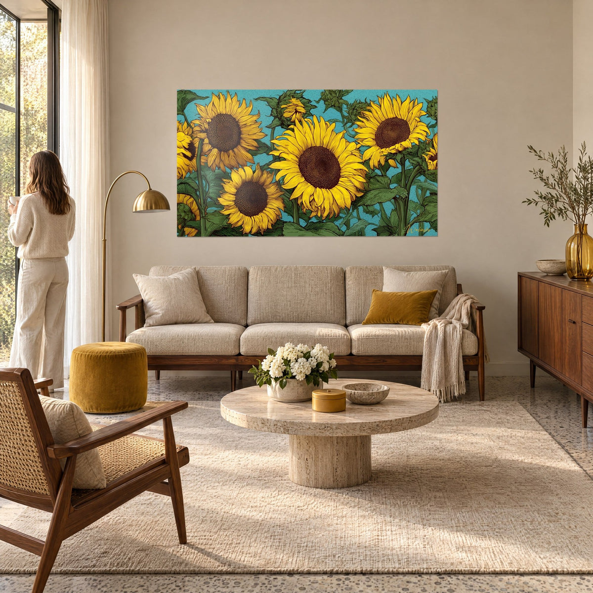 Cuadro flores de sol de pétalos amarillo dorado y corola marrón sobre fondo turquesa, mujer de espaldas, encima de un sofá en un salón luminoso