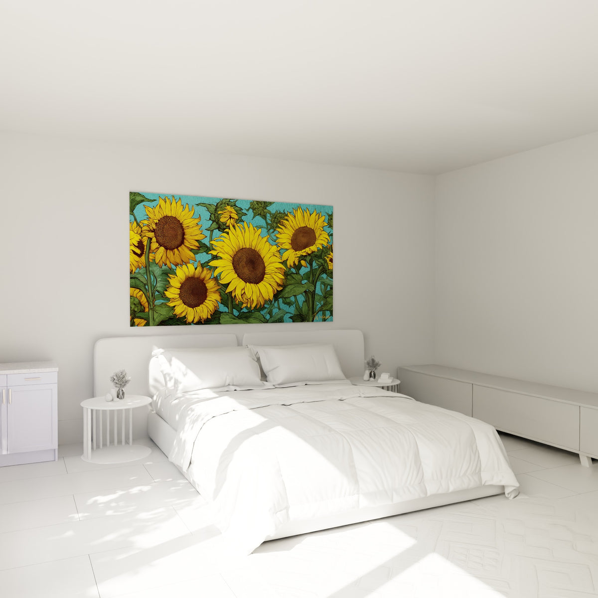 Cinq tournesols jaunes et verts accrochés au-dessus d'un lit dans une chambre claire