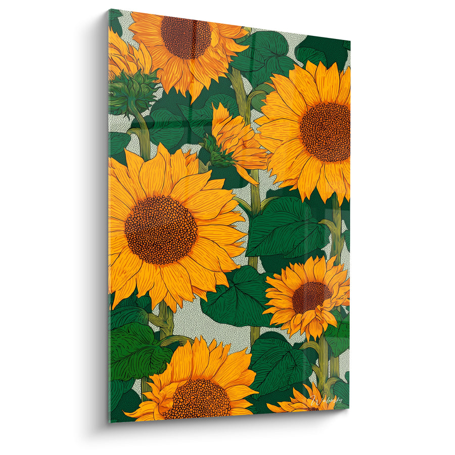 Tableau Tournesols orange et vert au fond pointillé dense - Bourgeon en fleur - Edition Tournesol