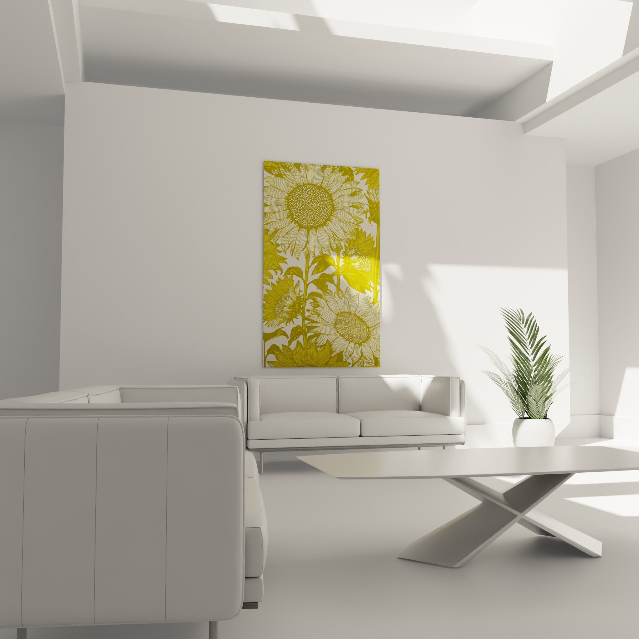 Motifs de tournesols dorés aux tiges verticales, suspendus au-dessus d'un canapé dans un salon lumineux