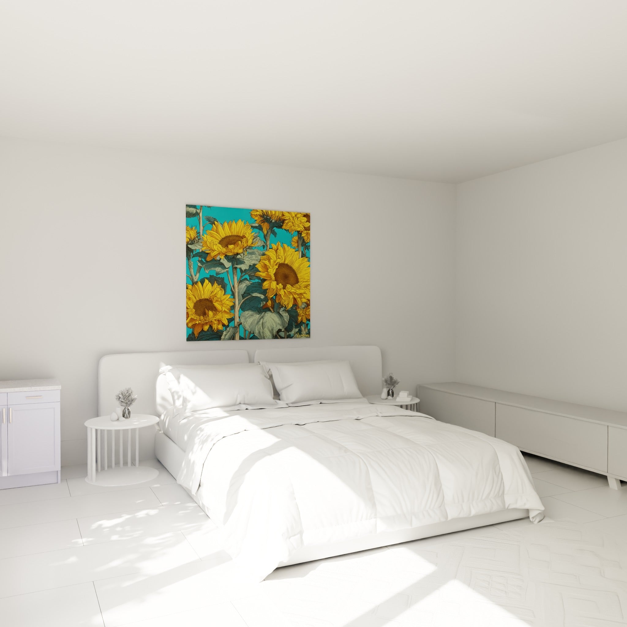 Bouquet de tournesols jaunes et turquoise au-dessus d'un lit dans une chambre claire