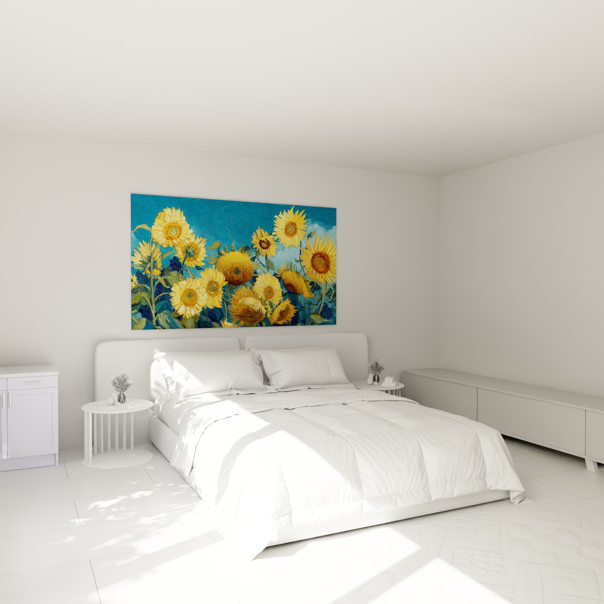 Bouquet de tournesols jaunes et ocre au-dessus d'un lit dans une chambre claire
