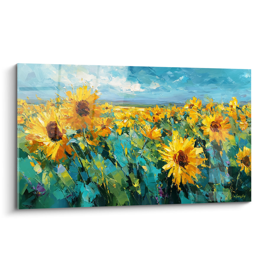 Tableau Champ de tournesols jaune et turquoise - Été en fleurs - Edition Tournesol