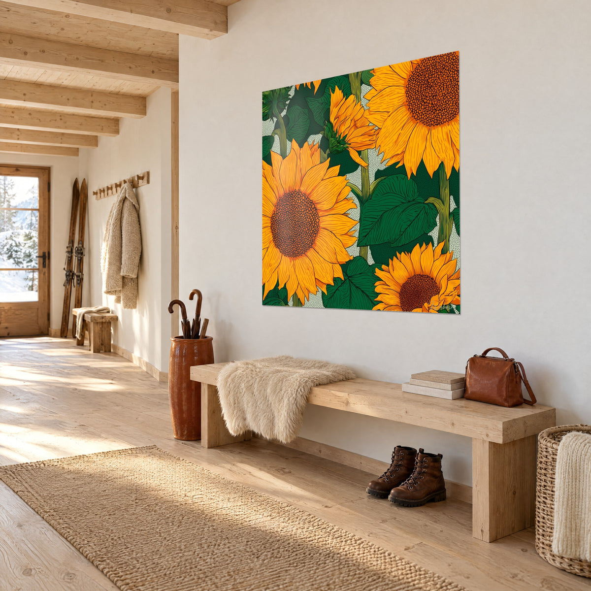 Gemälde goldene Sonnenblumen und große dunkelgrüne Blätter auf hellem Hintergrund, aufgehängt in einem Eingangsbereich aus Chaletholz