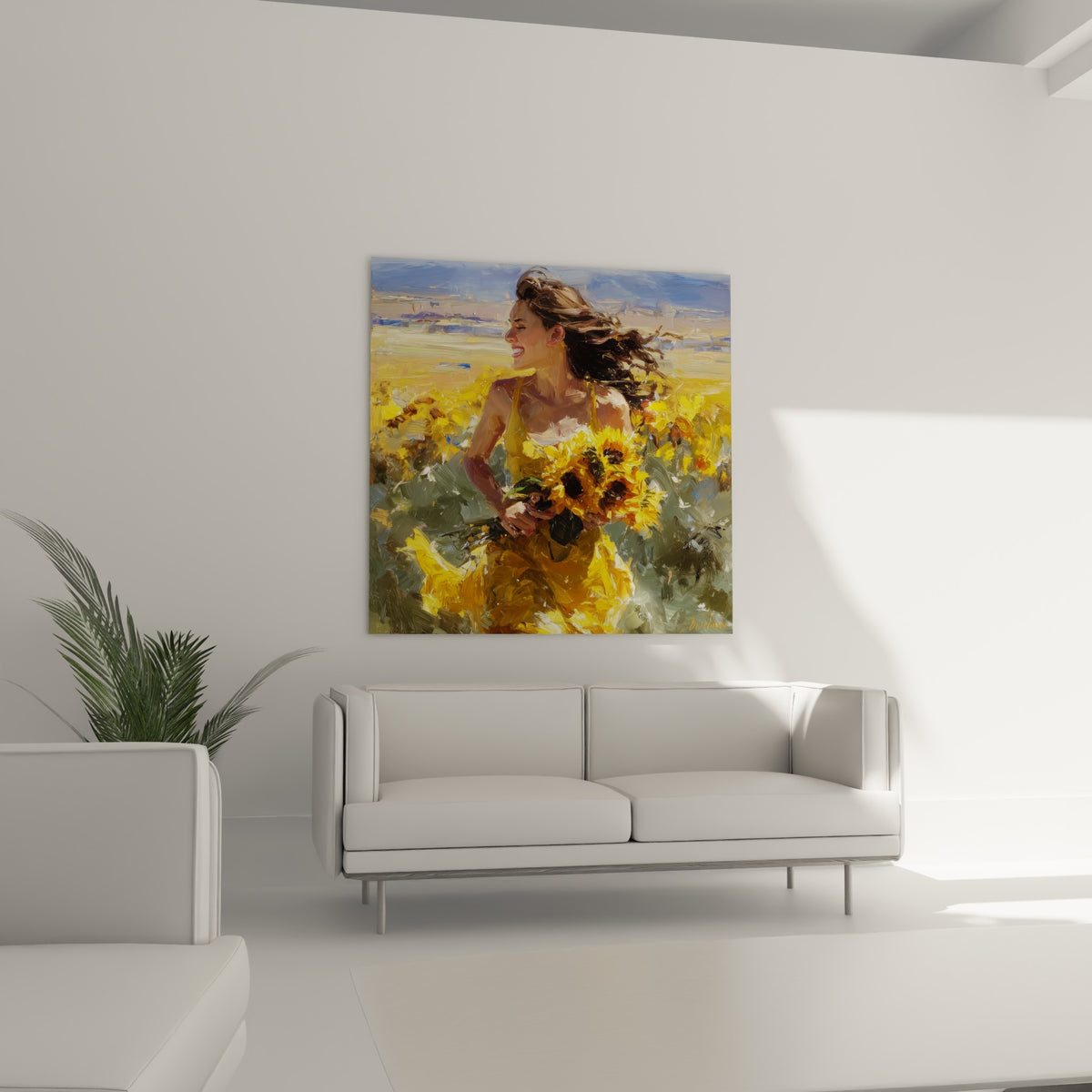 Cheveux bruns au vent et tournesols dorés serrés contre une robe jaune, au-dessus d'un canapé dans un salon lumineux