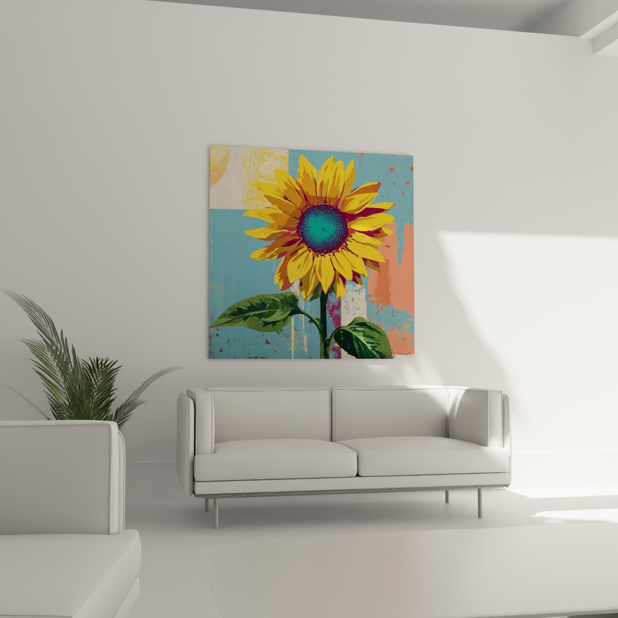 Fleur de tournesol jaune éclatant et corail placée au-dessus d'un canapé dans un salon lumineux