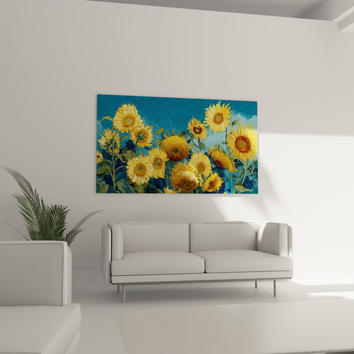Corolles dorées et cœurs marron du tournesol au-dessus d'un canapé dans un salon lumineux