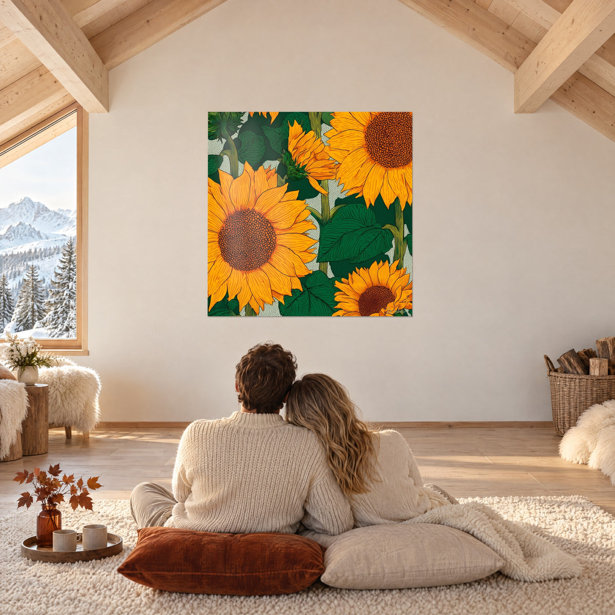 Gemälde Feld stilisierter Sonnenblumen mit bernsteinfarbenen Blütenblättern und smaragdgrünen Blättern, gegenüber einem sitzenden Paar in einem verschneiten Chalet