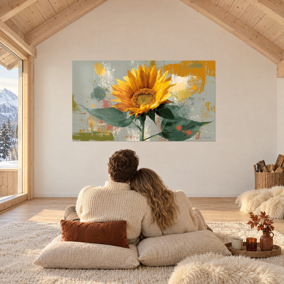 Wall art solar yellow flower with bottle-green leaves and terracotta touches, couple embracing seen from behind in the chalet