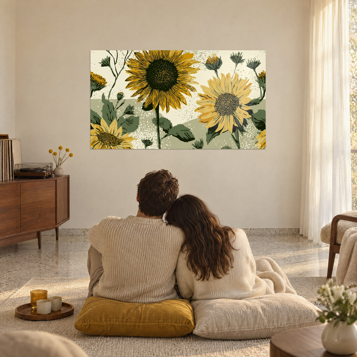 Schilderij van een veld gestileerde zonnebloemen in boterkleur en mosgroen, aan een lichte muur, stel van achteren gezeten op kussens