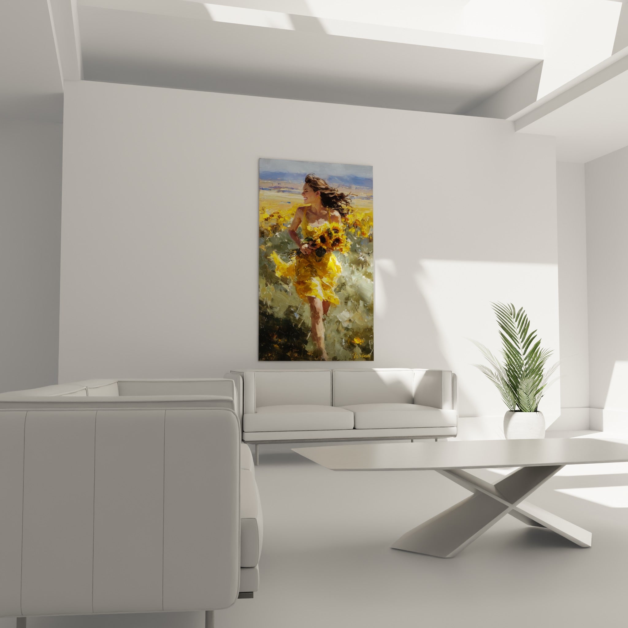 Course joyeuse en robe jaune parmi les tournesols verts et ocres, au-dessus d'un canapé dans un salon lumineux