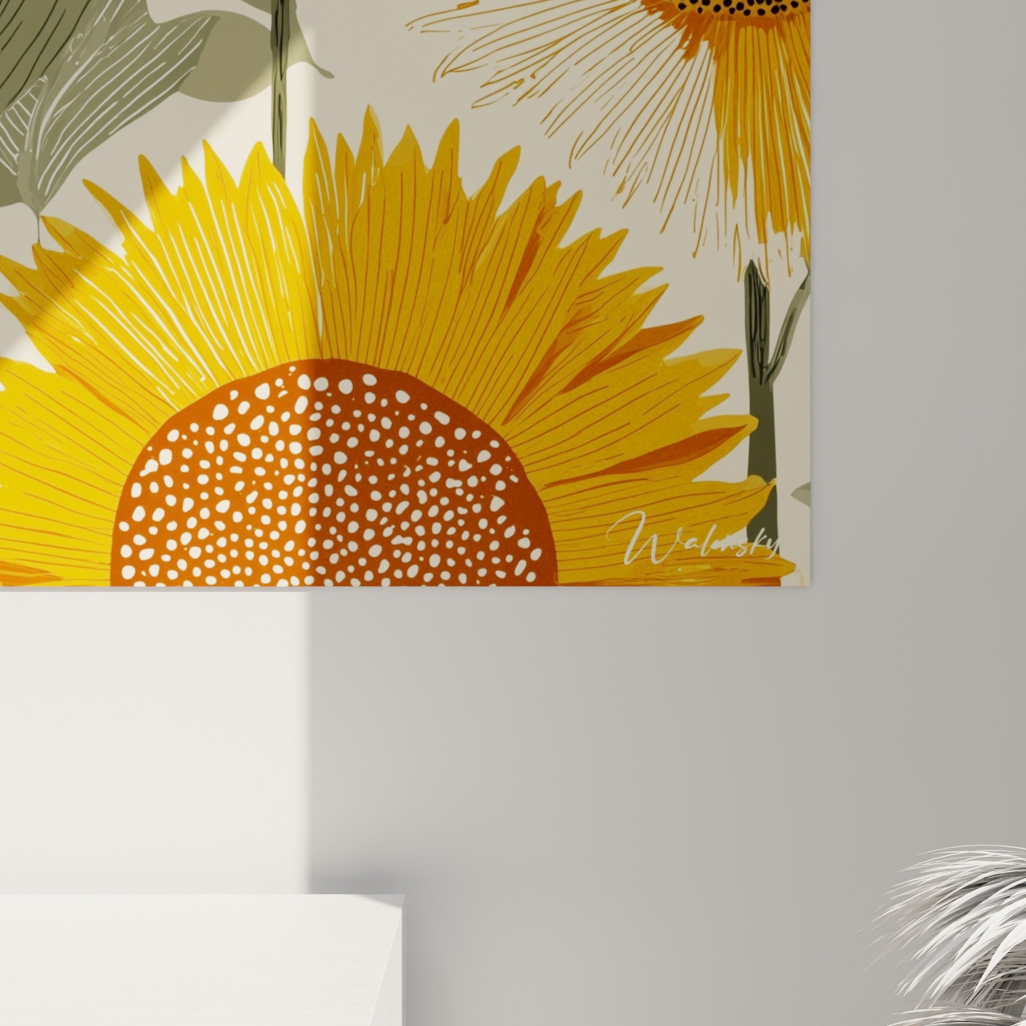 Détail des pétales de tournesol jaune vif et du cœur ocre pointillé, traits graphiques nets sur toile