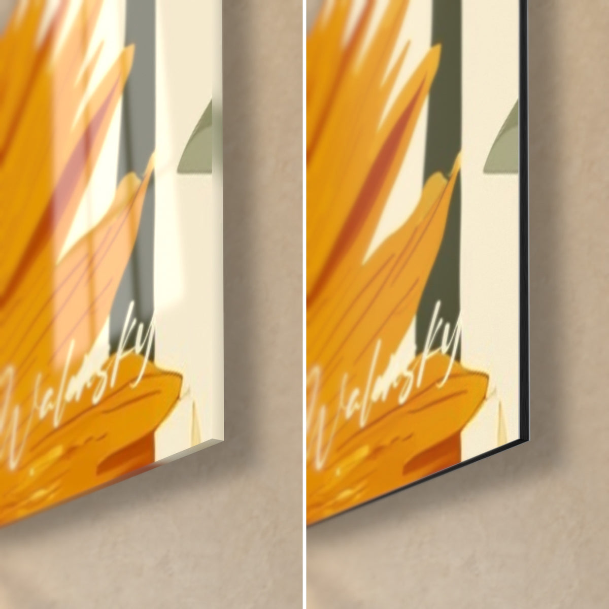 Schilderij honinggele en roestbruine zonnebloemen, rechtsonder: glanzend acrylglas links, mat zwart Dibond rechts, 3 mm rand