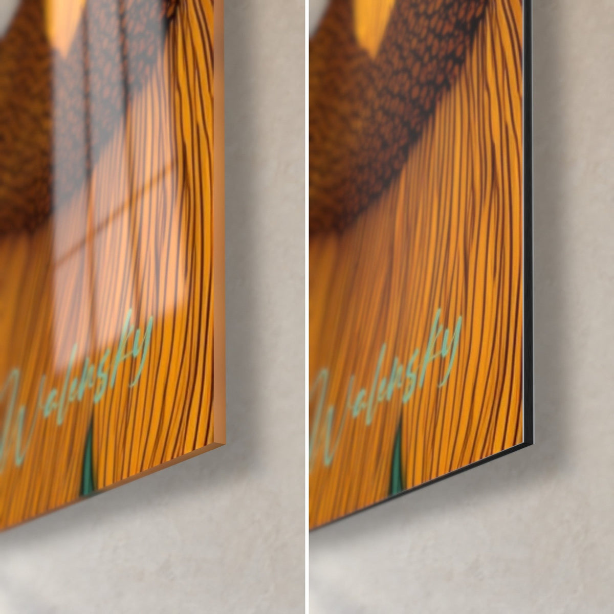 Schilderij saffraankleurige zonnebloemen, rechtsonder: glanzend acrylglas met reflecties links, mat zwart Dibond-aluminium rechts, rand van 3 mm
