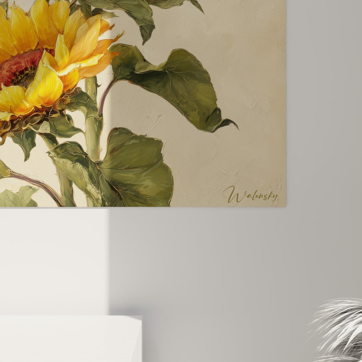 Détail des pétales dorés et du cœur brun rouge d'un tournesol, texture peinte visible en gros plan