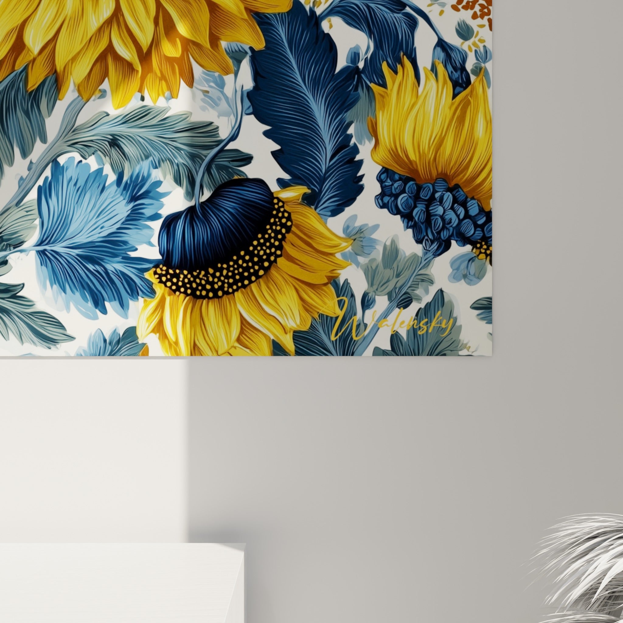 Détail des pétales dorés et du feuillage bleu-gris révélant la finesse du tracé et la matière de l'impression