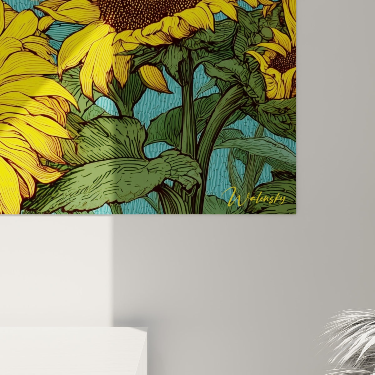 Détail des pétales jaunes striés et du cœur brun pointillé d'un tournesol, traits noirs marqués