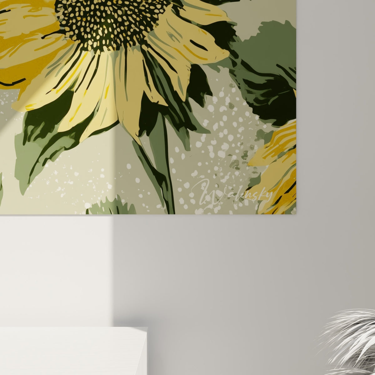 Détail des pétales tournesol dorés et du cœur brun texturé, traits noirs et grain d'impression visibles