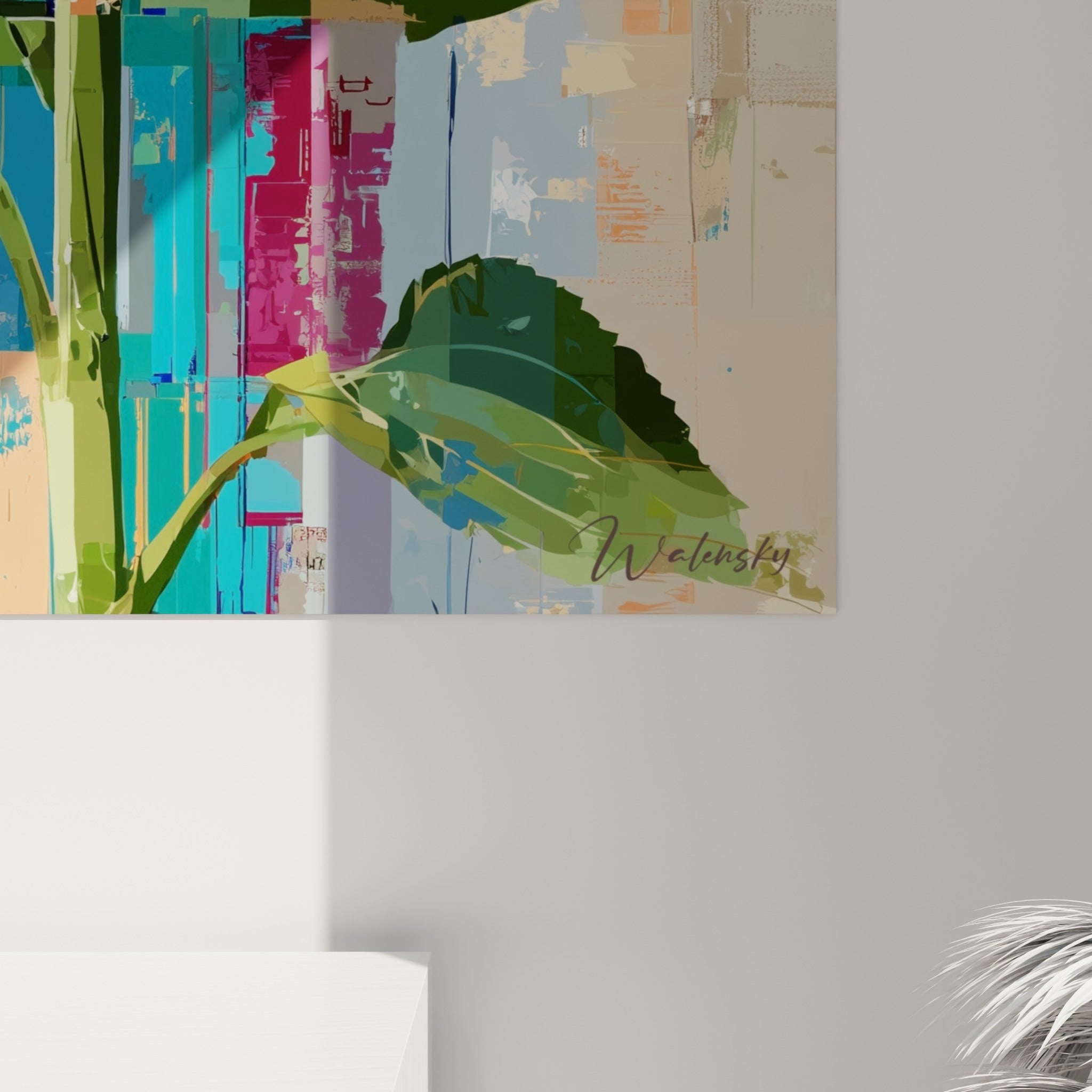 Détail du grain pictural jaune doré et turquoise du tournesol avec coulures ocre et anthracite