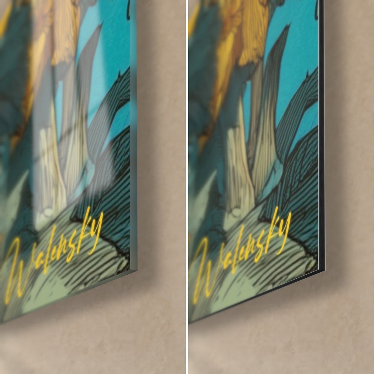 Wall art bouquet of bright yellow sunflowers on turquoise, bottom right corner in glossy glass and matte Dibond aluminium, 3 mm edge
