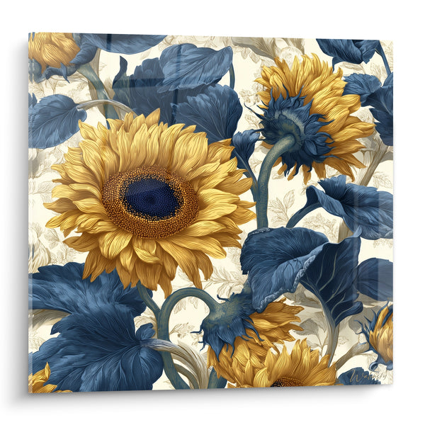 Tableau Tournesols dorés aux feuilles bleu marine - Éclosion botanique - Edition Tournesol
