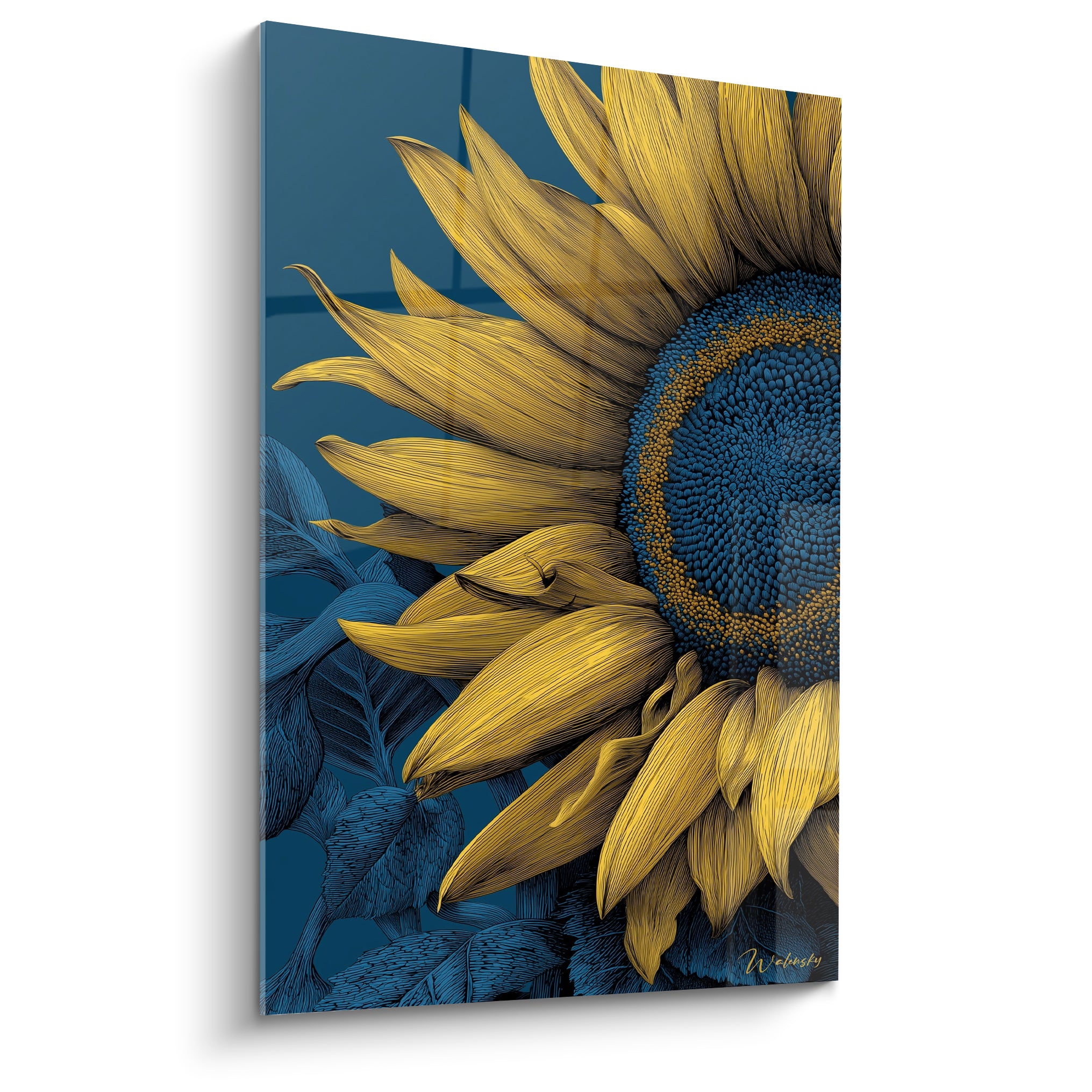 Tournesol doré aux pétales détaillés sur fond bleu marine, style gravure botanique raffinée