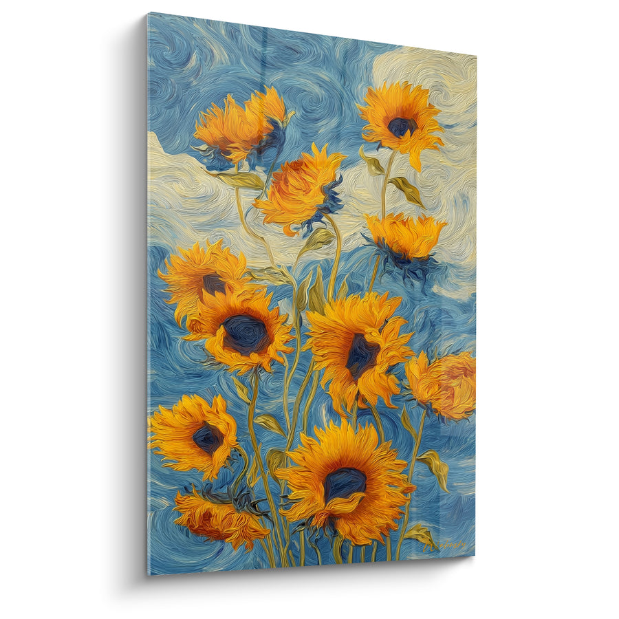 Tableau Tournesols dorés sur fond bleu tourbillonnant - Tourbillon estival - Edition Tournesol