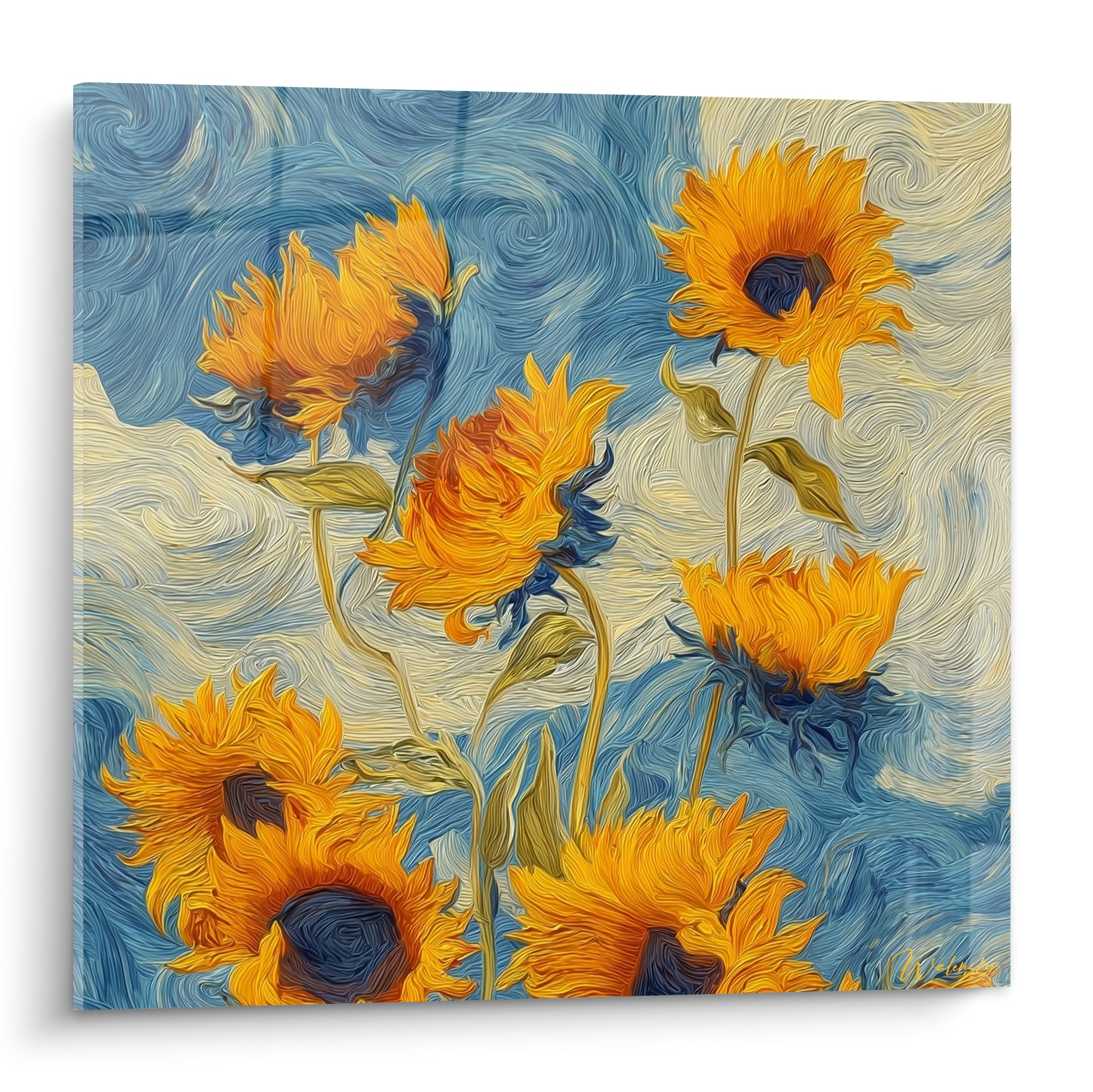 Sept tournesols dorés aux cœurs anthracite se dressent sur un fond bleu tourbillonnant intense