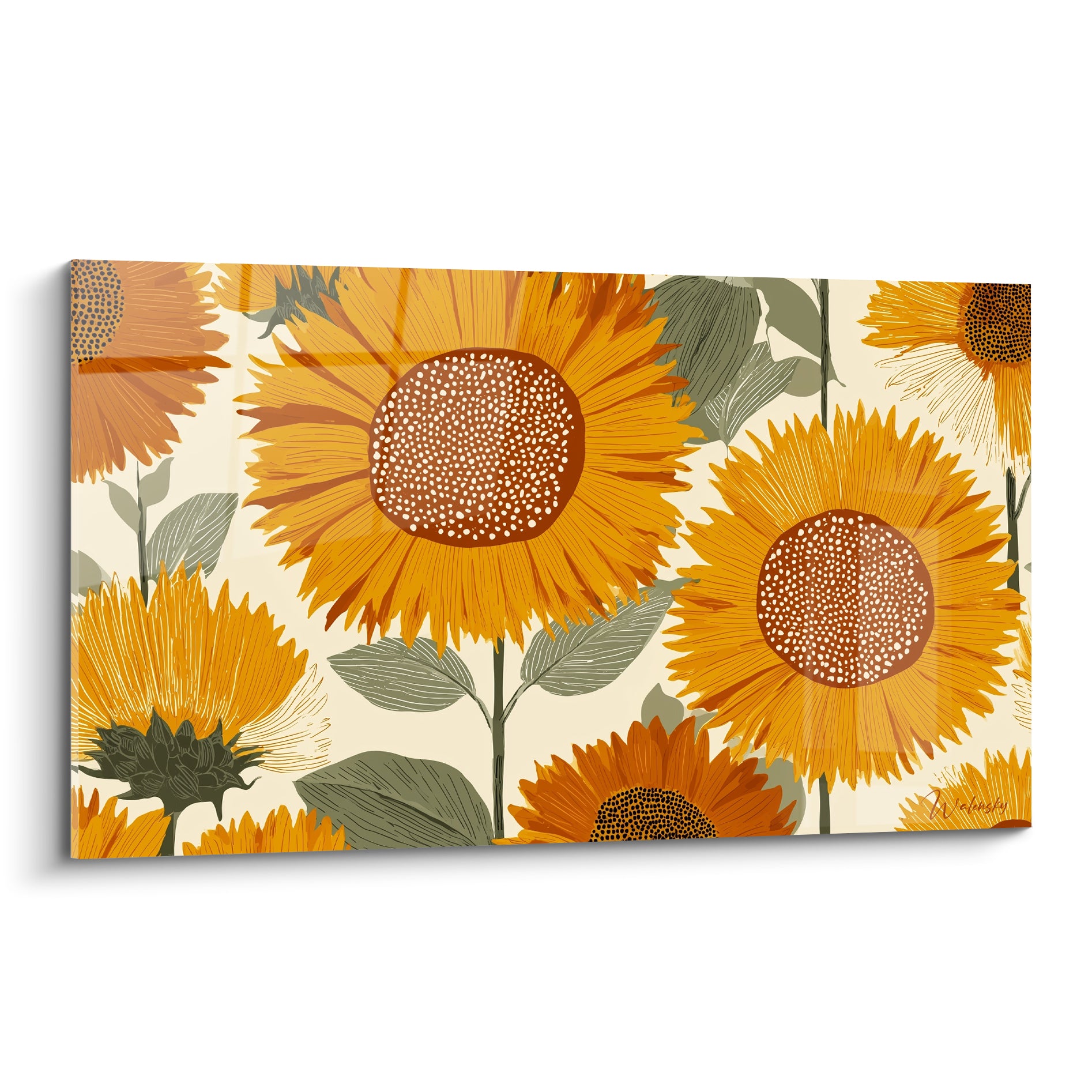 Tournesols dorés aux cœurs bruns pointillés se déploient sur un fond ivoire illustré