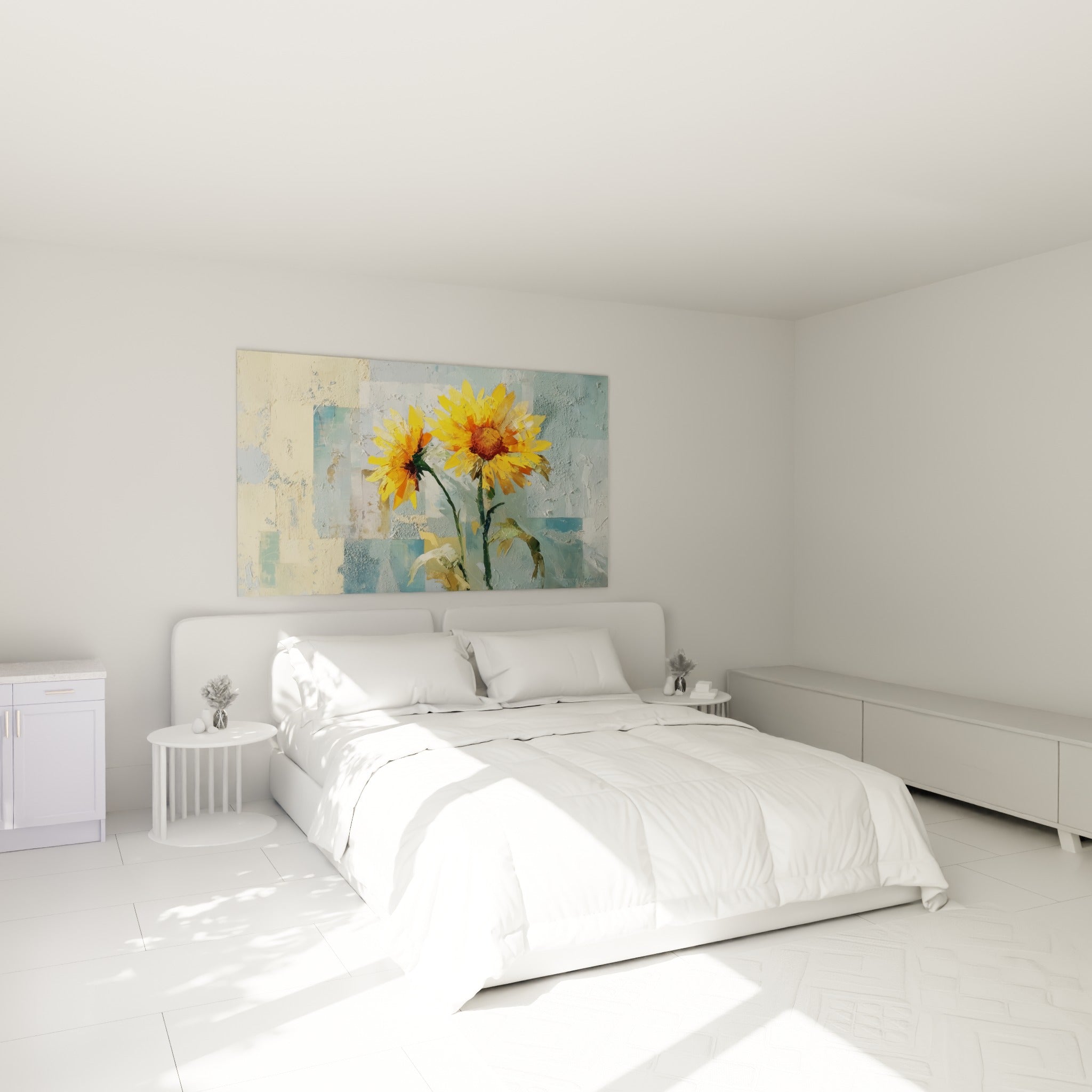 Fleurs de tournesol doré et bleu pastel accrochées au-dessus d'un lit dans une chambre claire