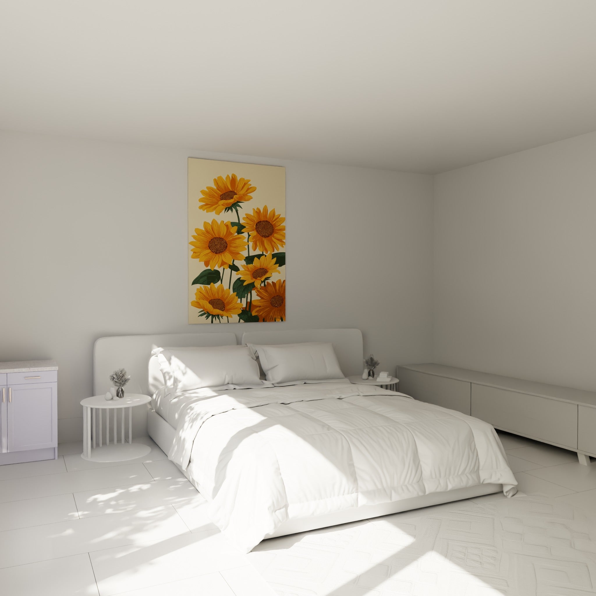 Bouquet de tournesols dorés et feuillage vert au-dessus d'un lit dans une chambre claire