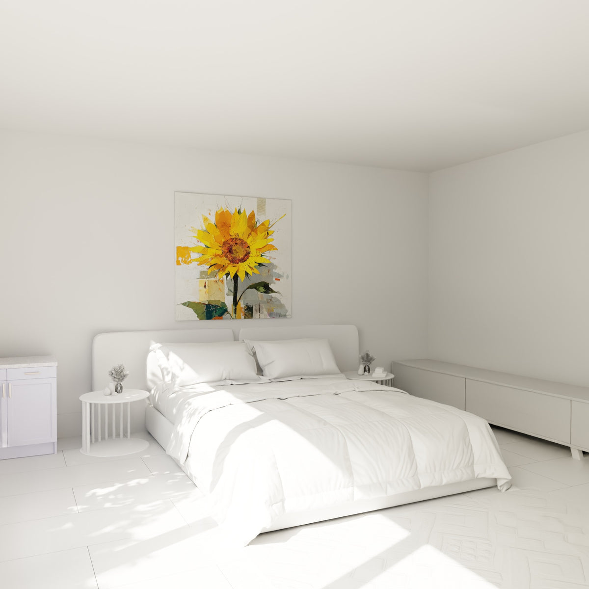 Fleur de tournesol doré et vert sauge accrochée au-dessus d'un lit dans une chambre claire