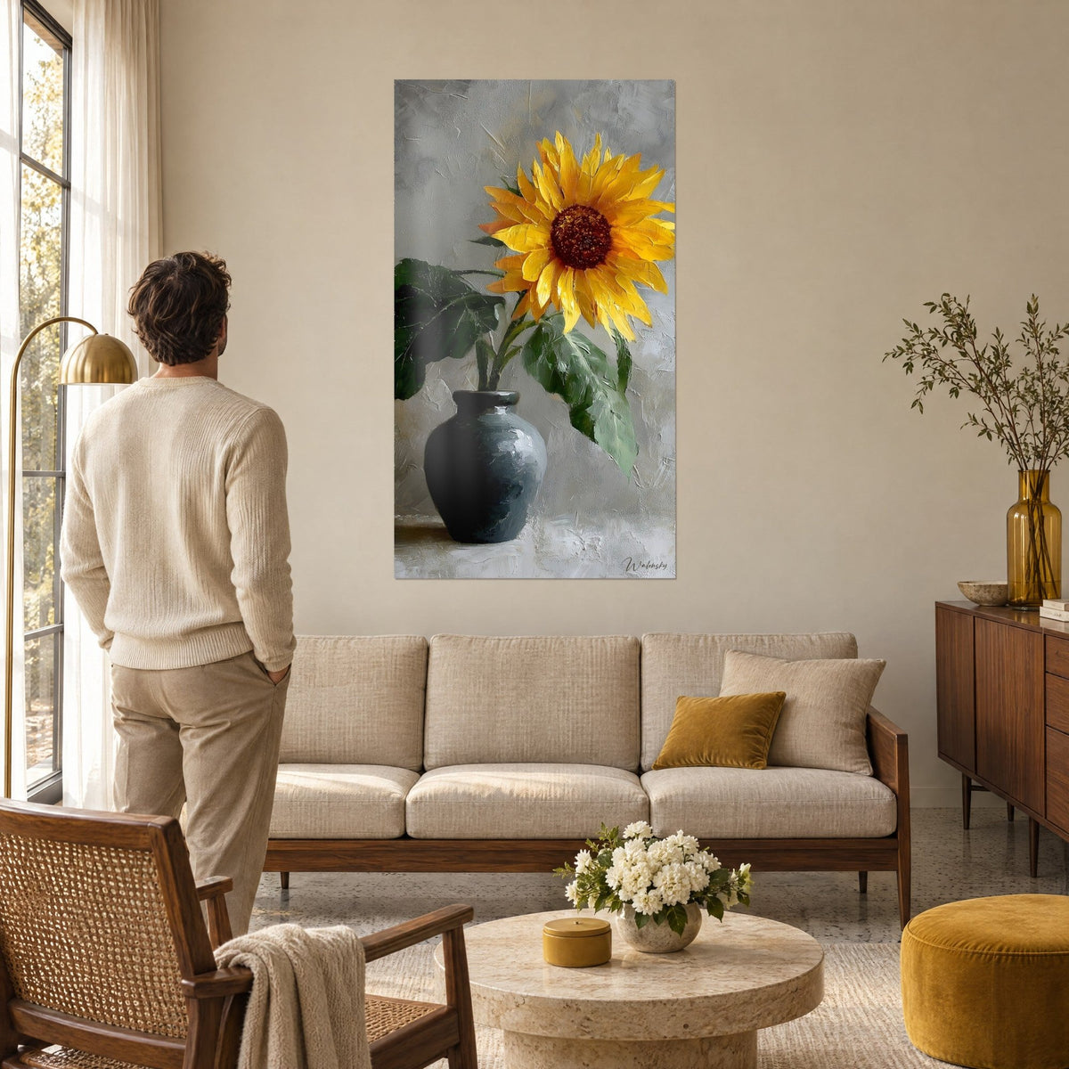 Quadro girasole dai petali dorati e cuore bruno, vaso grigio ardesia, uomo di spalle sopra un divano in un soggiorno luminoso