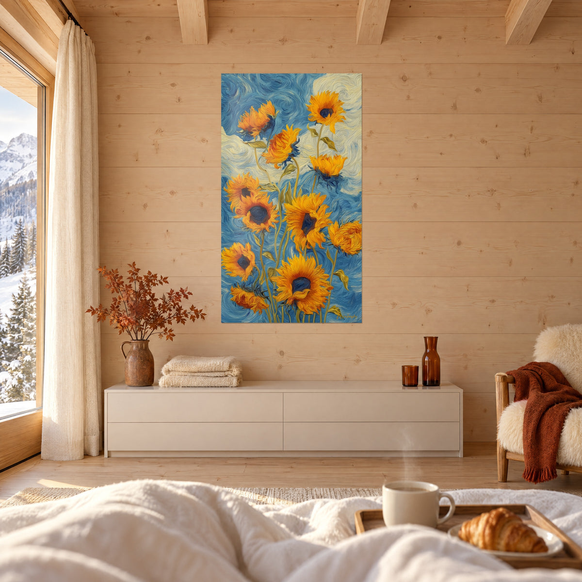 Cuadro de un campo de girasoles anaranjados de pétalos rizados sobre un cielo azul ultramar y crema, encima de una cama en un dormitorio luminoso