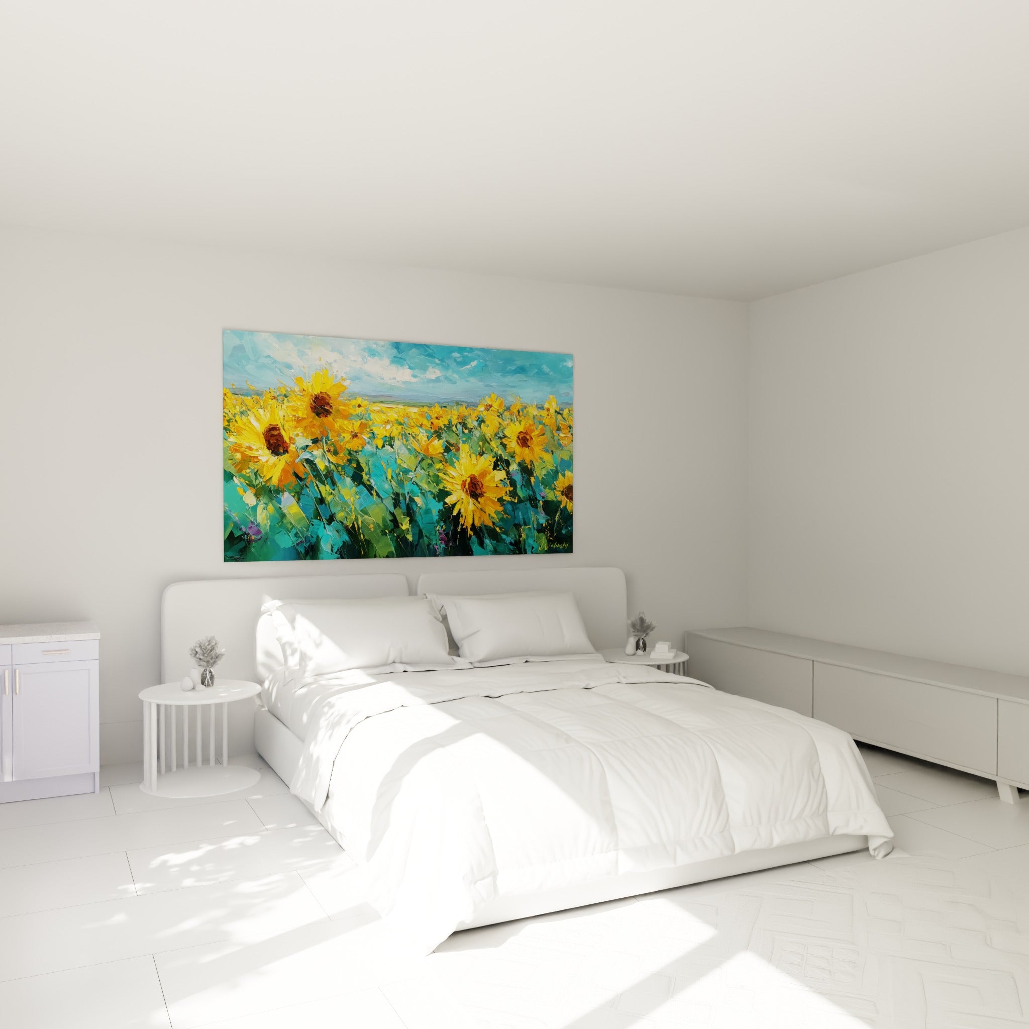 Champ de tournesols dorés et turquoise peint au couteau, accroché au-dessus d'un lit dans une chambre claire