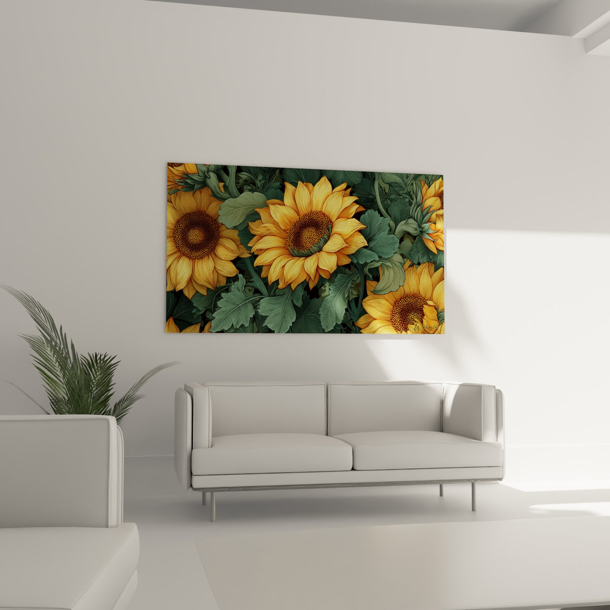 Fleurs de tournesol dorées et feuillage émeraude accrochées au-dessus d'un canapé dans un salon lumineux