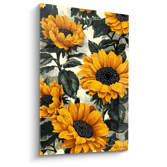 Tournesols dorés aux cœurs noirs mouchetés et feuillage anthracite en pleine floraison