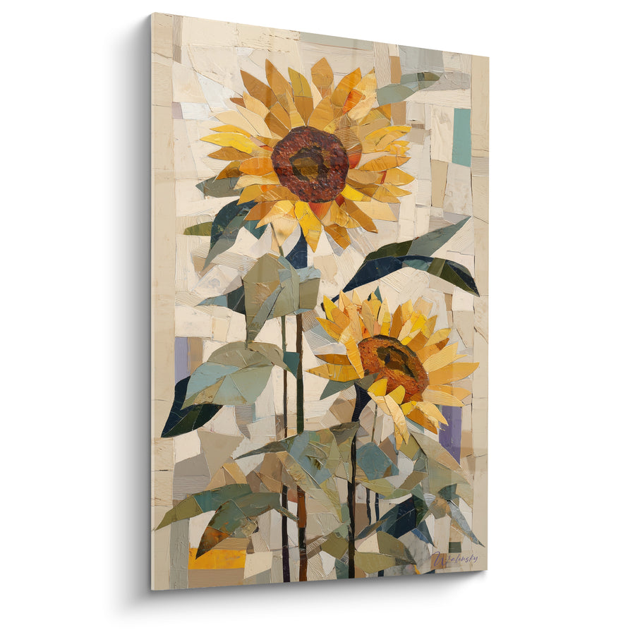 Tableau Tournesols jaune et gris en collage géométrique - Fond ivoire fragmenté - Edition Tournesol