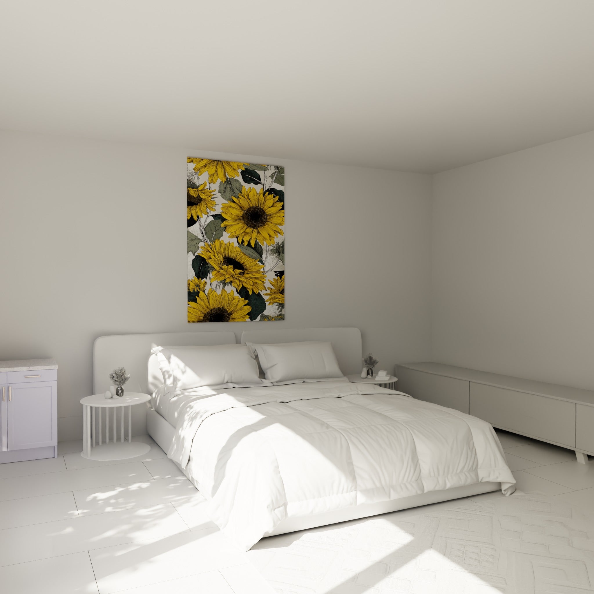 Bouquet de tournesols dorés aux feuilles vert sauge accroché au-dessus d'un lit dans une chambre claire