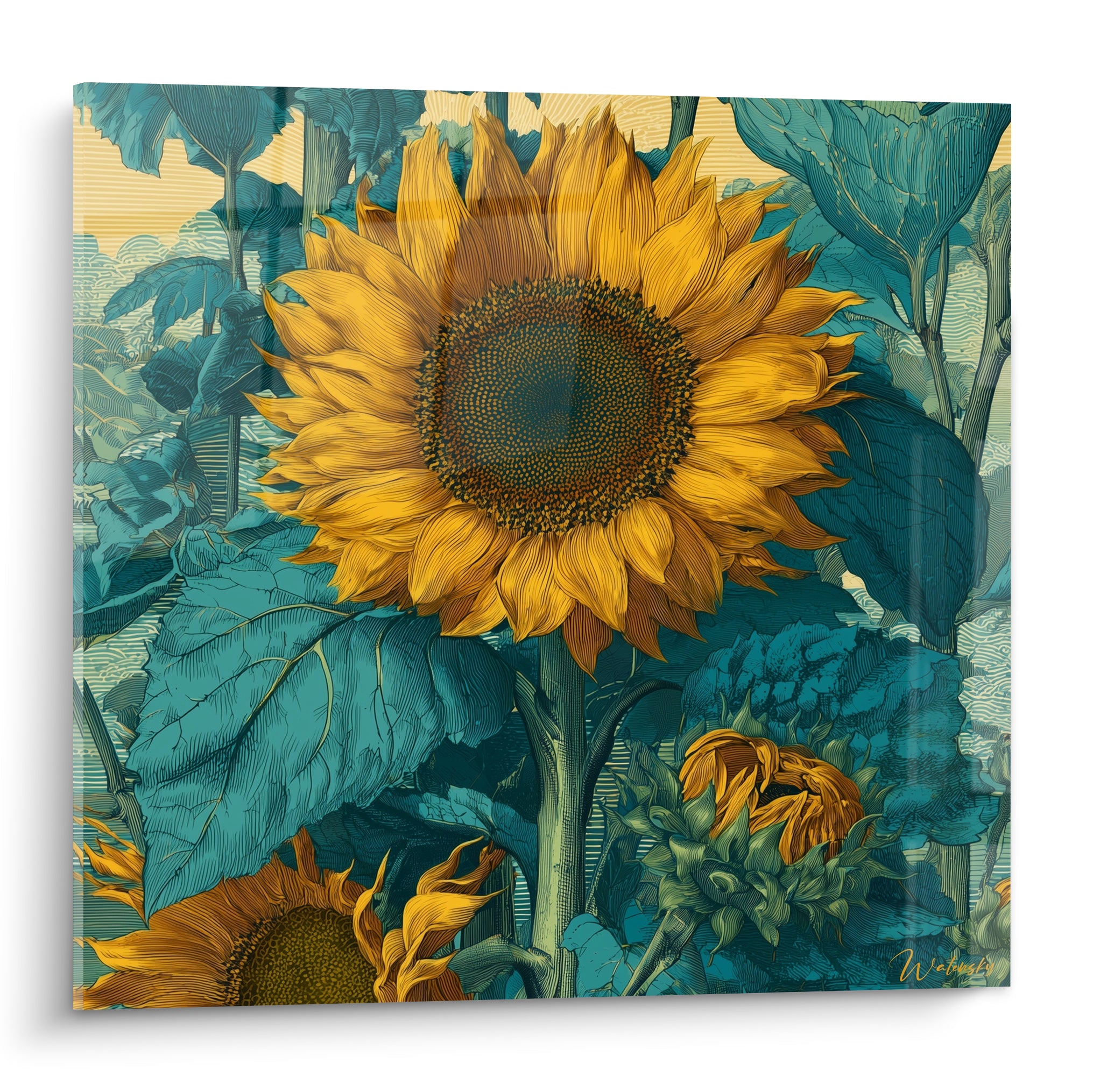 Tournesol doré aux pétales déployés devant un feuillage turquoise dense et texturé