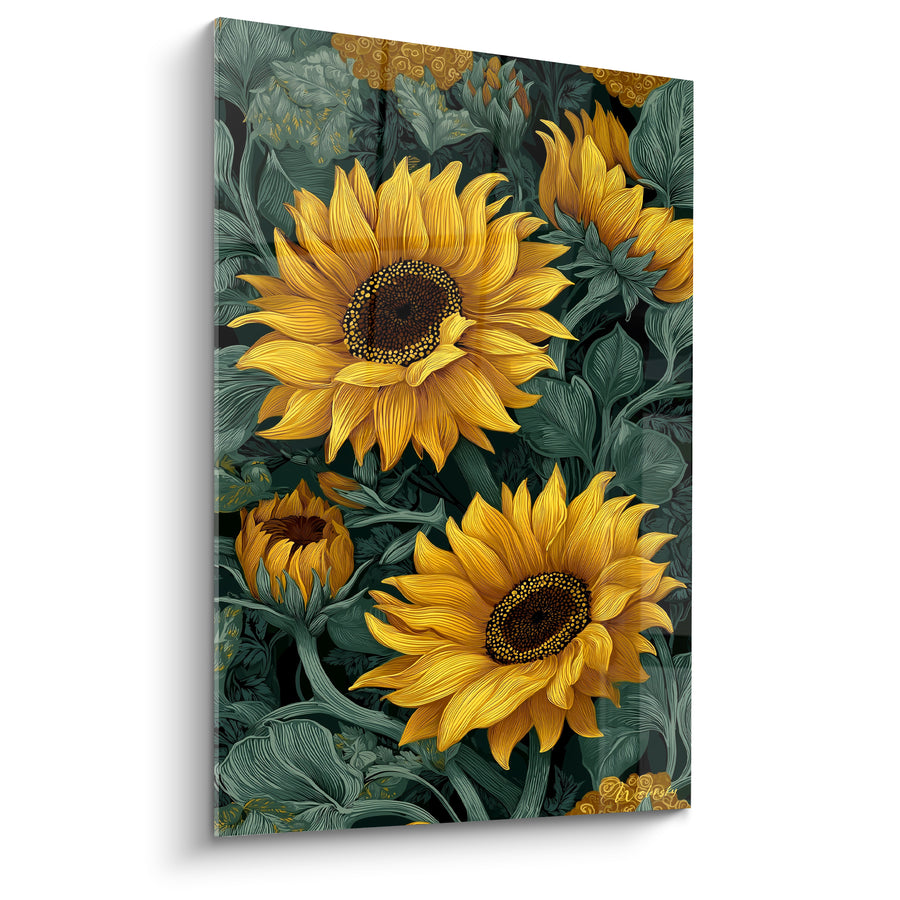 Tableau Tournesols dorés et feuillage vert sombre - Éclosion dorée - Edition Tournesol