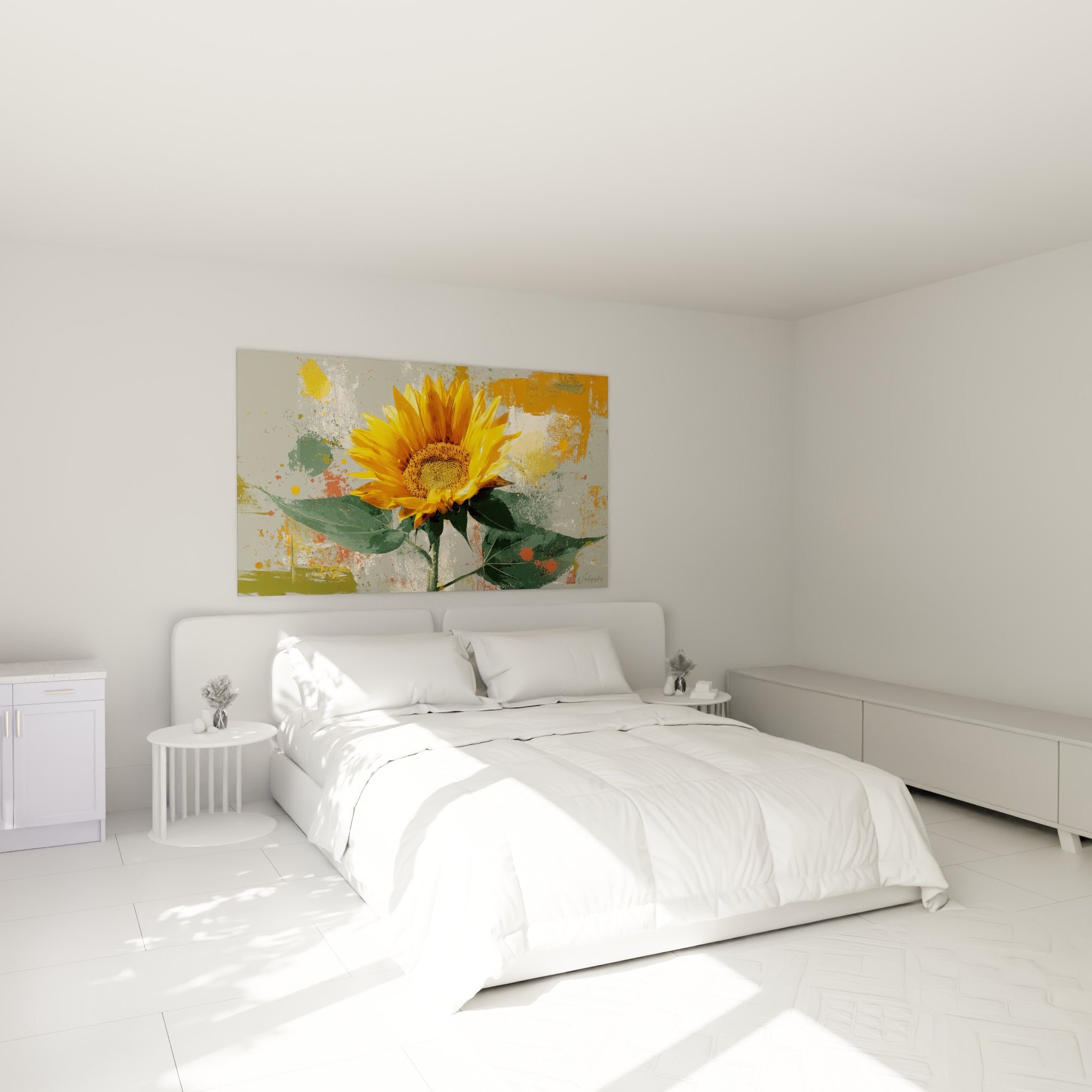Fleur de tournesol dorée aux feuilles vertes accrochée au-dessus d'un lit dans une chambre claire