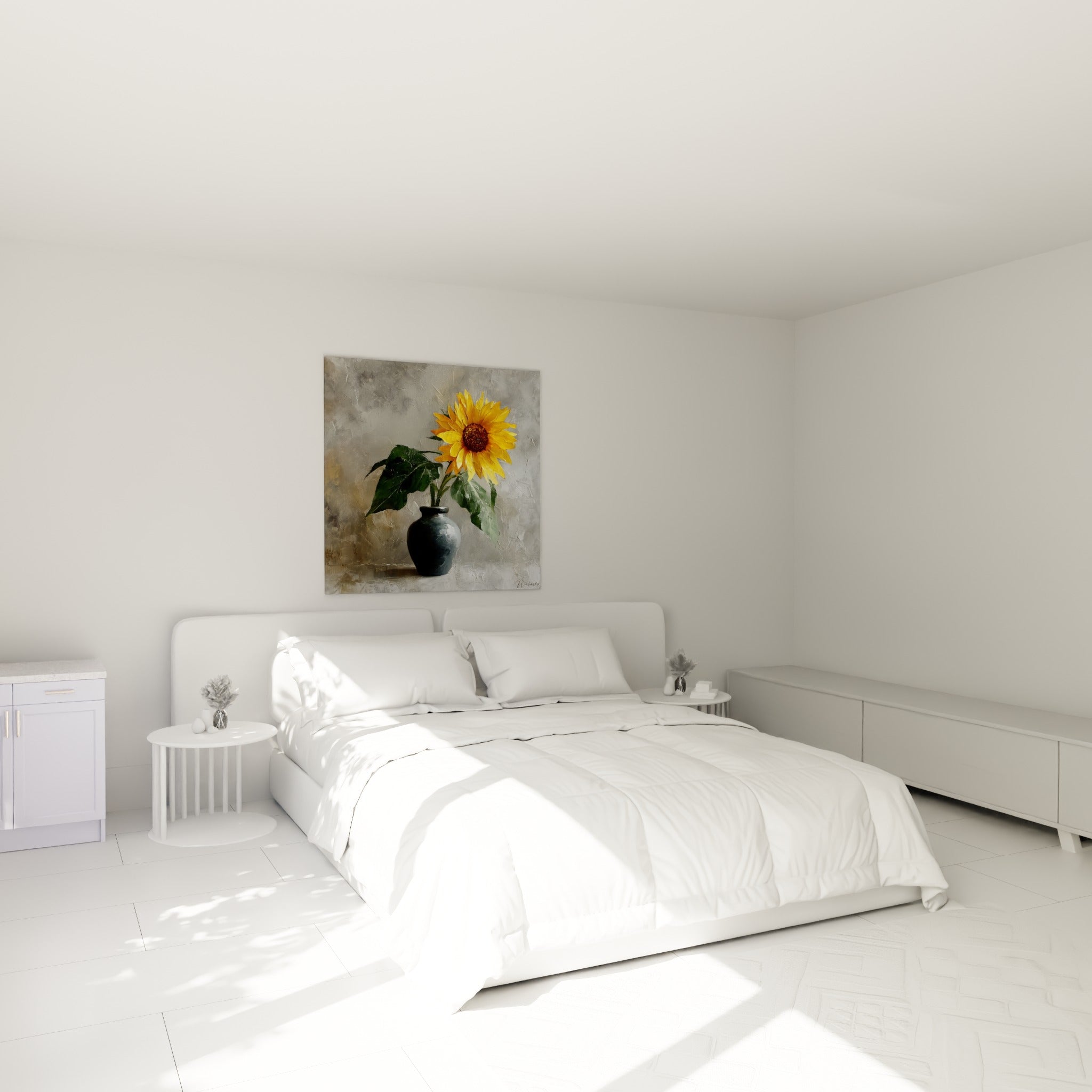 Fleur de tournesol dorée et feuilles vert foncé accrochée au-dessus d'un lit dans une chambre claire