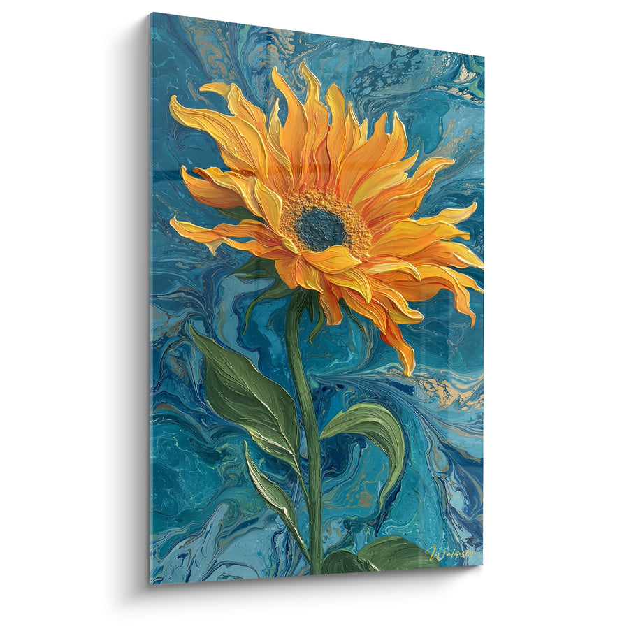 Tableau Tournesol orange et bleu sur fond marbré tourbillonnant - Pétales flammés torsadés - Edition Tournesol